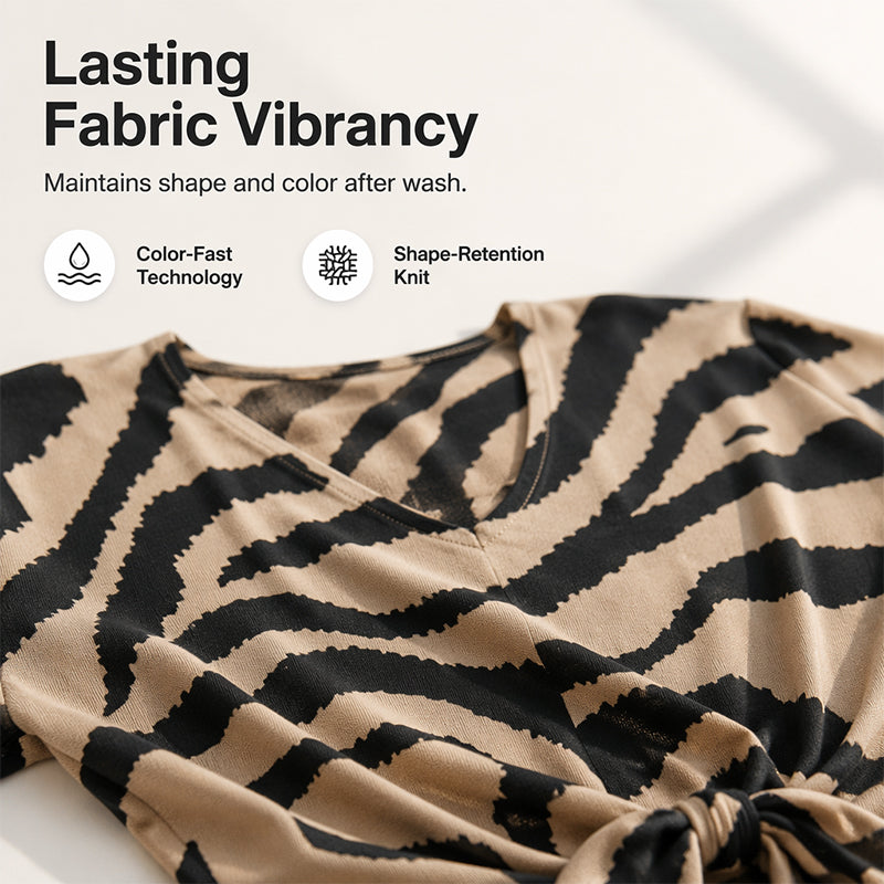 Damen-T-Shirt mit V-Ausschnitt, Bindeband vorne und Zebraprint