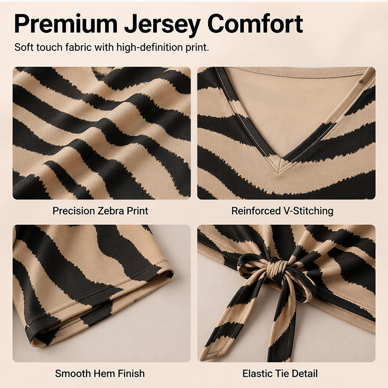 Damen-T-Shirt mit V-Ausschnitt, Bindeband vorne und Zebraprint