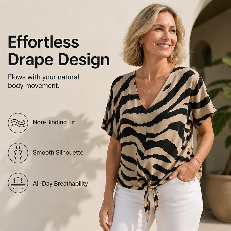 Damen-T-Shirt mit V-Ausschnitt, Bindeband vorne und Zebraprint