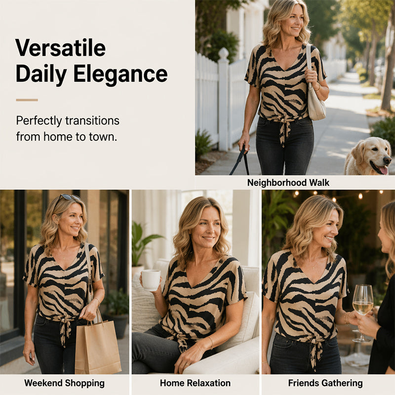 Damen-T-Shirt mit V-Ausschnitt, Bindeband vorne und Zebraprint