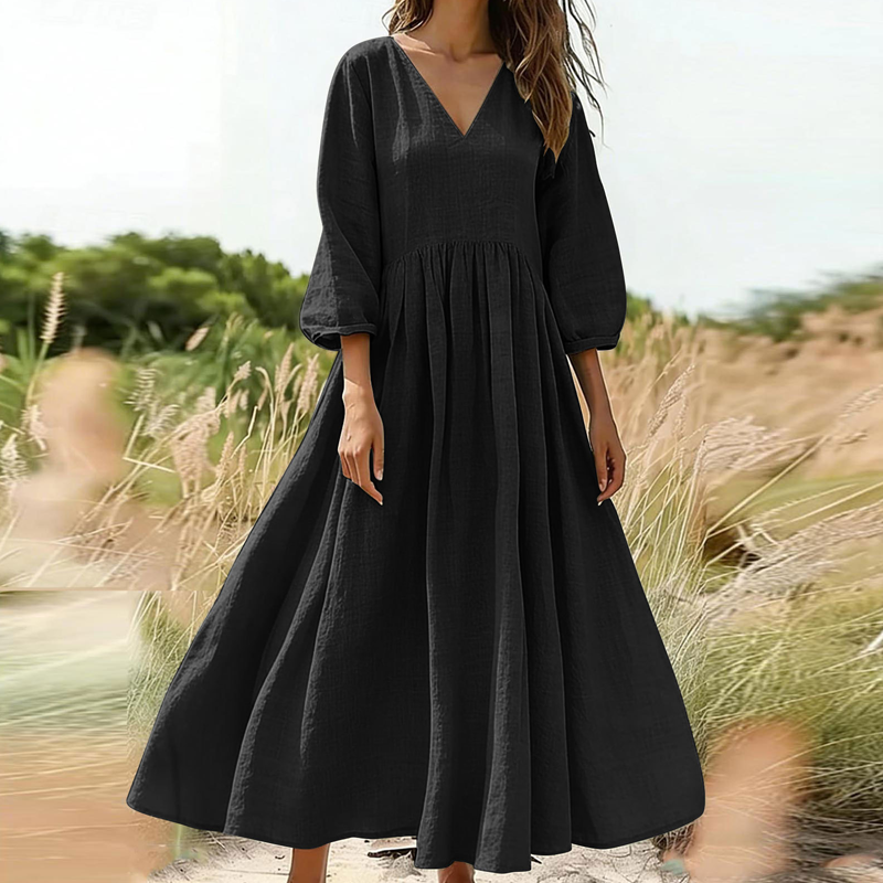 Neu eingetroffenes Maxikleid mit V-Ausschnitt und Plisseefalten für Damen