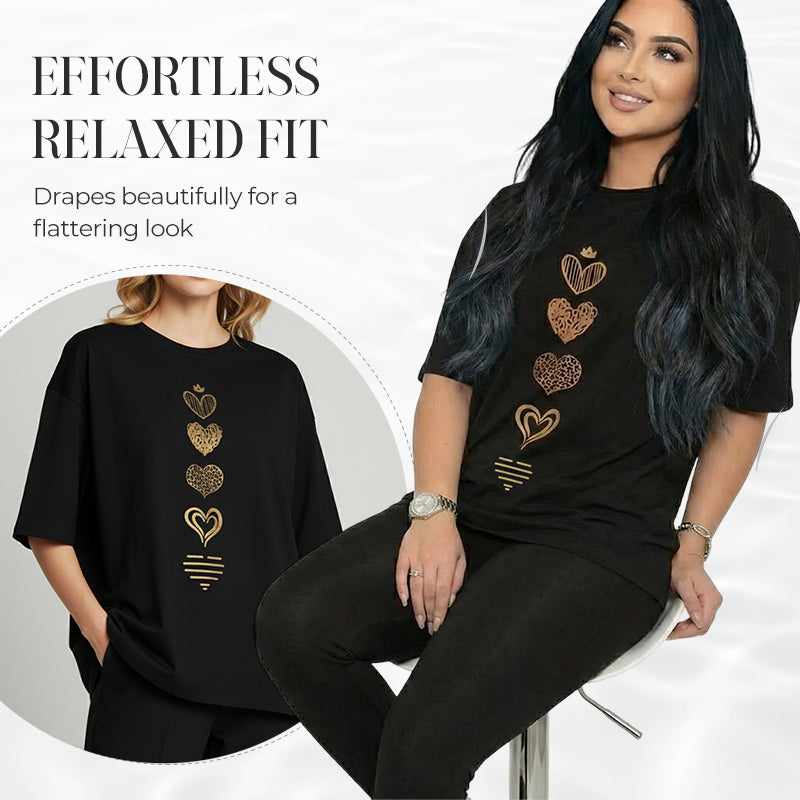 Women's Heart Print Short Sleeve T-Shirt ¨C Loose Fit