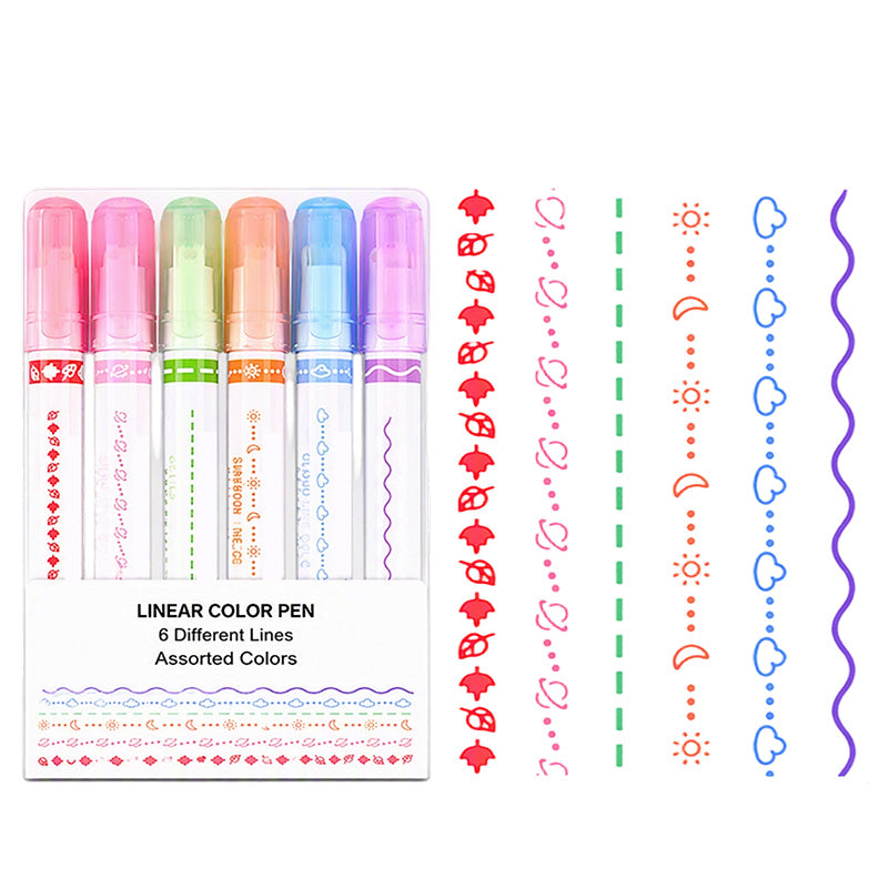 6PCS Curve Highlighter Pen Set with Pattern Roller Tips