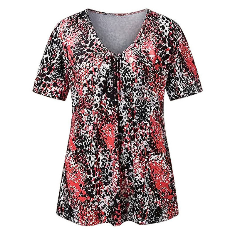 Damen-T-Shirt mit V-Ausschnitt, Leopardenmuster und kurzen Ärmeln, plissiertes Tunika-Oberteil