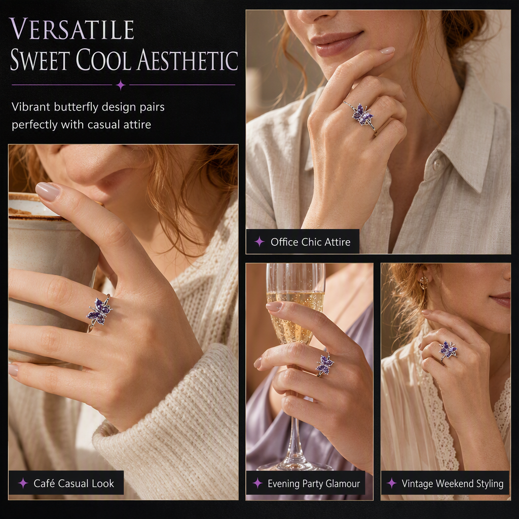 Modischer Schmetterlingsring im koreanischen Stil, verspielt und cool, für Damen, elegante Platinfarbe, Einzelring