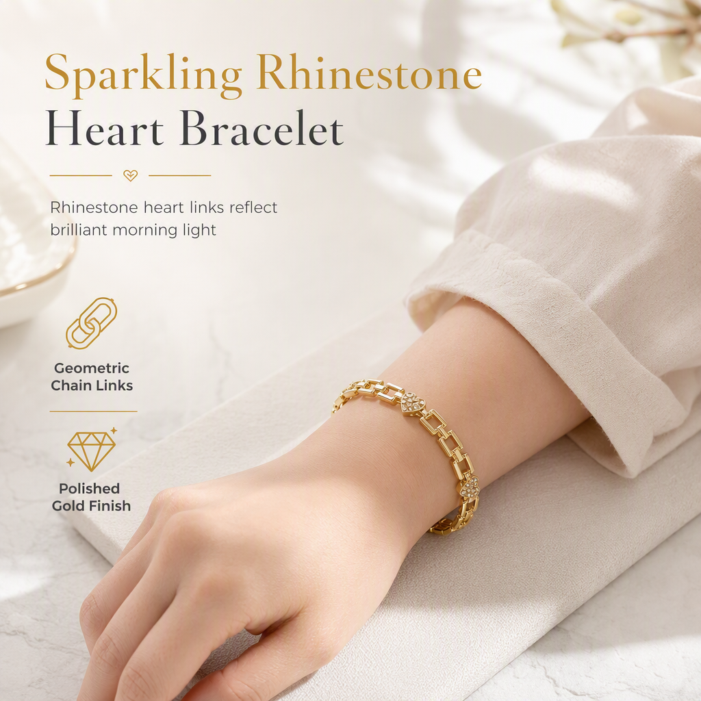 Gold Rhinestone Heart & Square Hollow Chain Bracelet