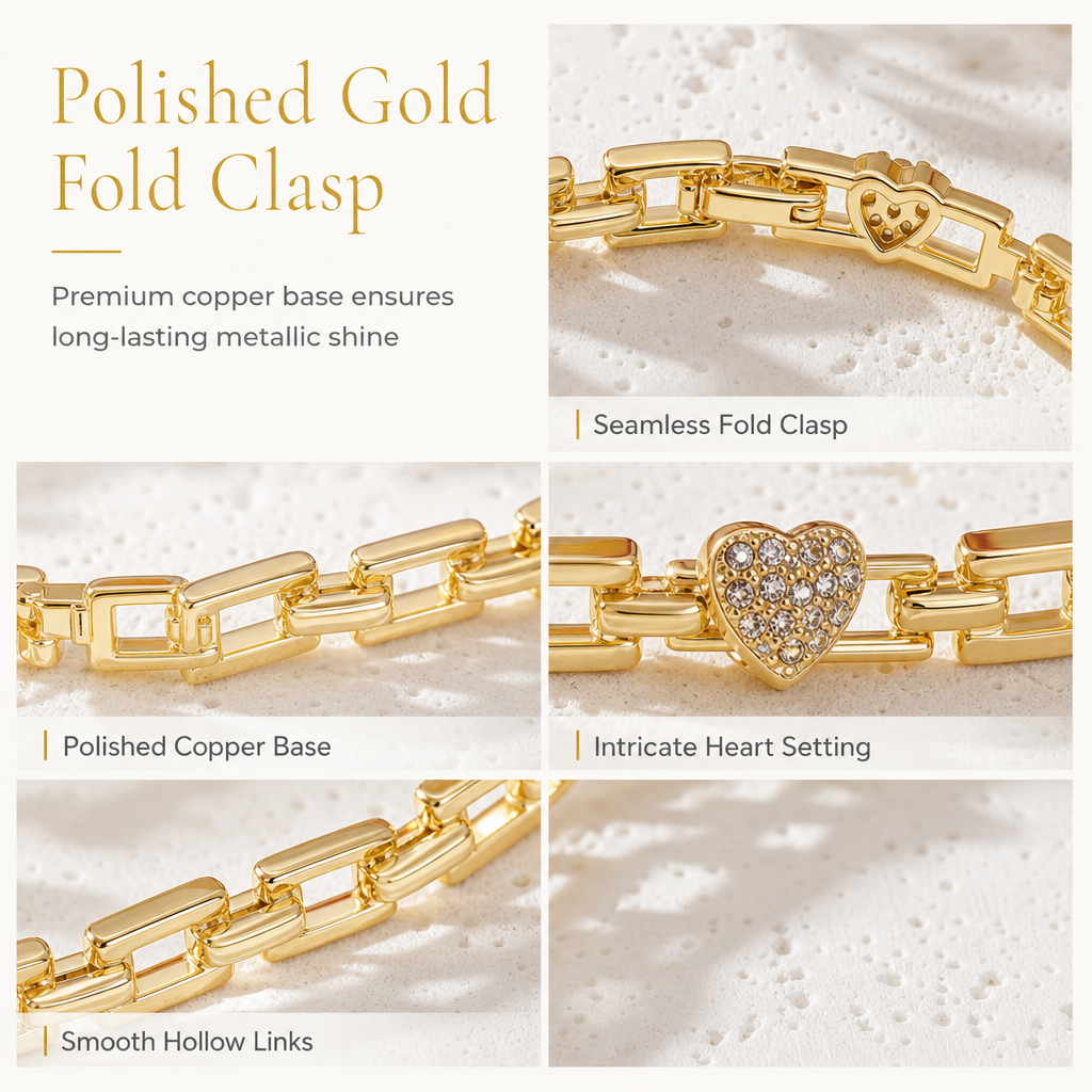Gold Rhinestone Heart & Square Hollow Chain Bracelet