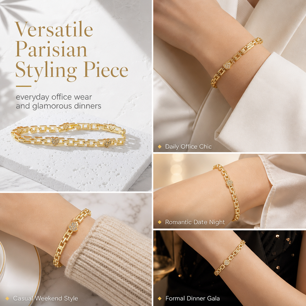 Gold Rhinestone Heart & Square Hollow Chain Bracelet