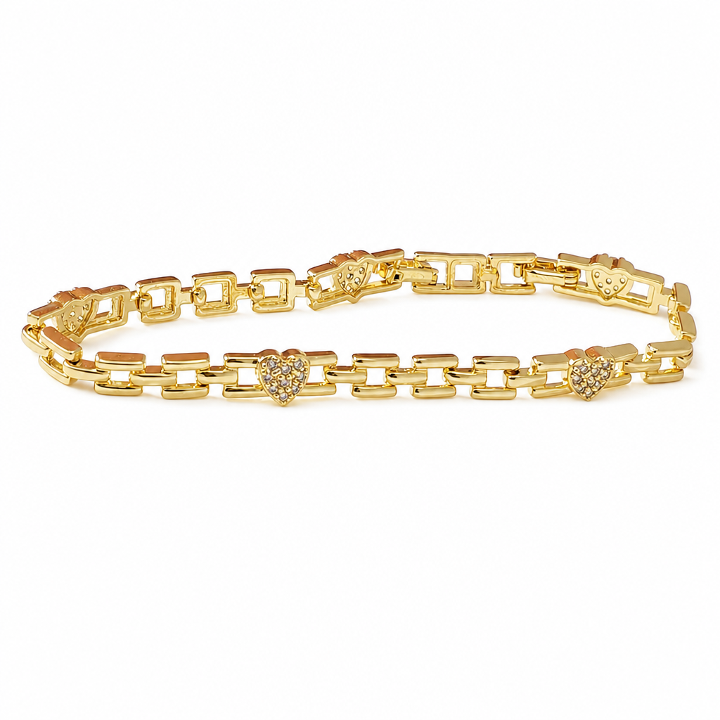 Gold Rhinestone Heart & Square Hollow Chain Bracelet