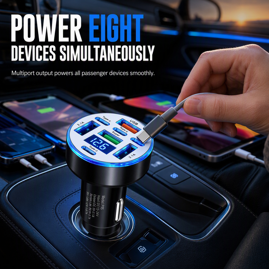 40W 8 in 1 Fast Car Adapter with Digital Voltage Display 4 USB and 4 PD Ports